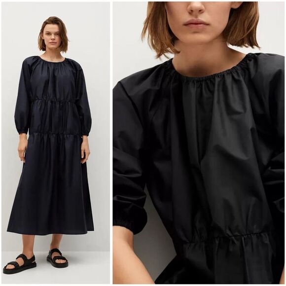 Mango Poplin Cotton Black A-Line Puff Sleeve Dress - Picture 1 of 6